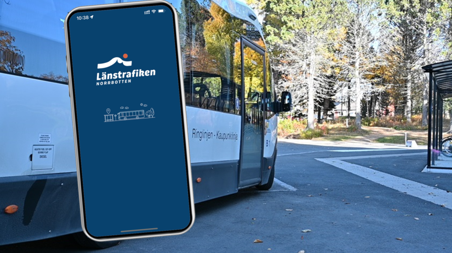 Bild på buss samt smart telefon med Länstrafikens app. 