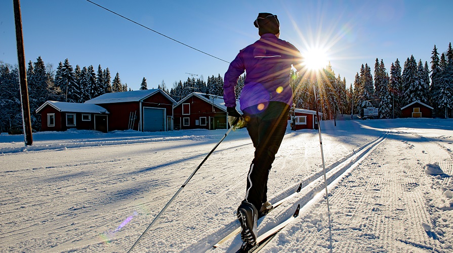 Kvinna åker längdskidor i solkenet
