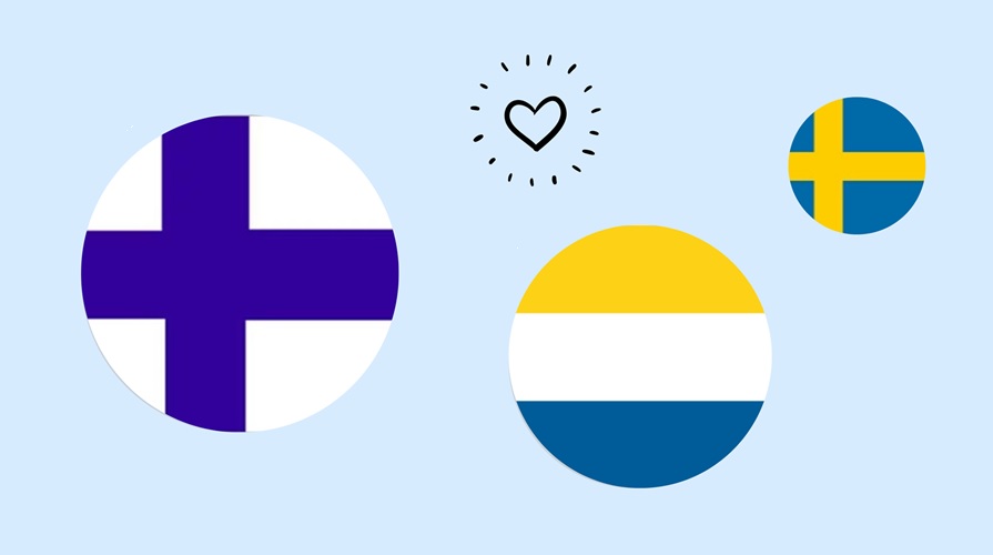 Montage av bilder med den finska, svenska och tornedalska faggorna på en ljusblå bakgrund.