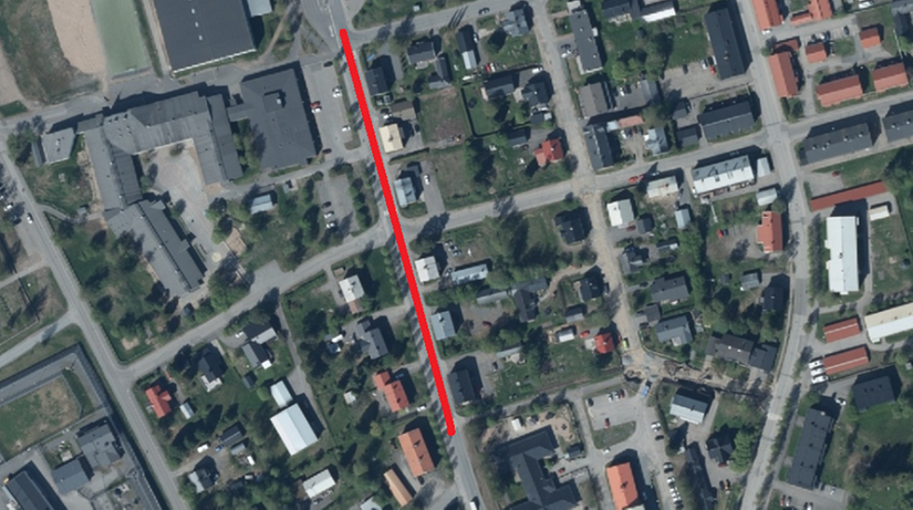 Kartbild över gata som kommer att beläggas med ny asfalt. Karta: Lantmäteriet 