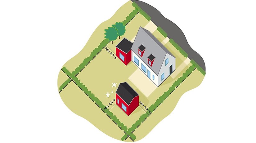 Tredimensionell karta över en fastighet med tillbyggnad och attefallshus. 