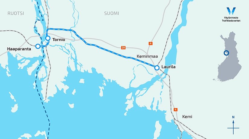 Karta över norra Bottenviken och en ny tågsträcka mellan Laurila och Haparanda.