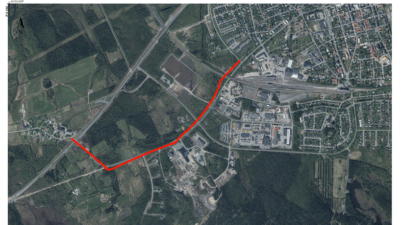 Kartbild över området mellan byn Vuono och Närsta. Röd markering på sträckan som visar vilken gång- och cykelväg som ska renoveras. Foto : Infovisaren/Haparanda stad 