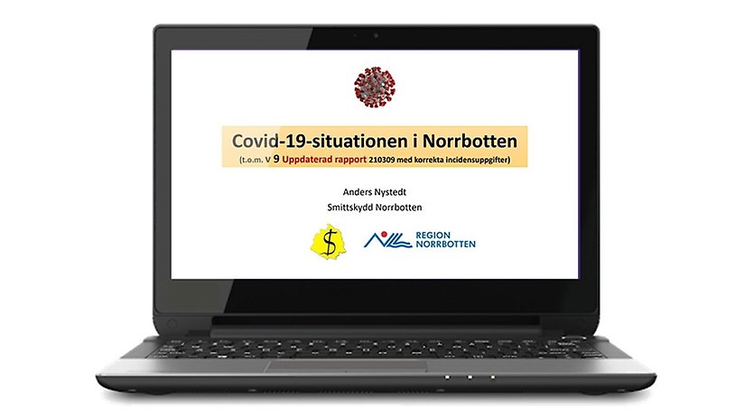 En öppen laptop med en presentation om covid-19